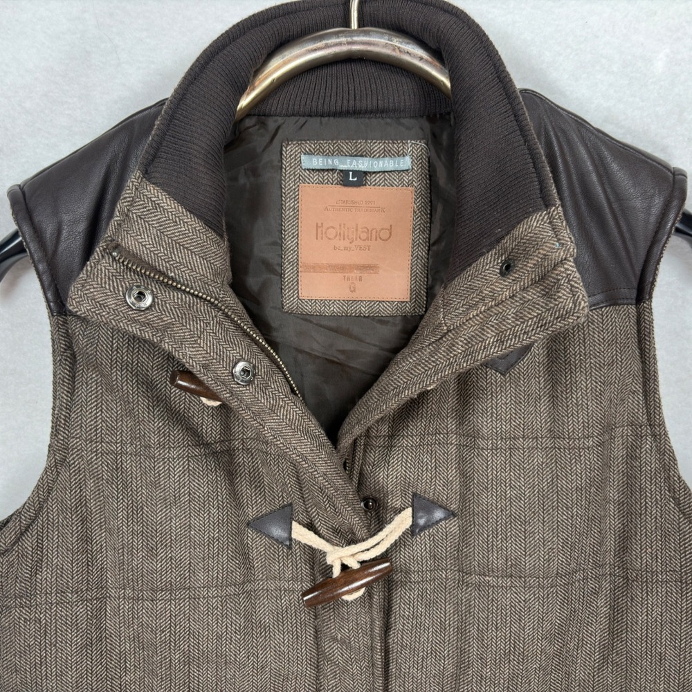 Hollyland Herringbone Puffer Vest Brown Faux Leather Yoke Toggle Zip Large